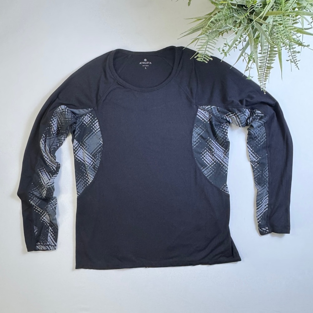 Athleta Black Long Sleeve Top with Gray Patterned Panels